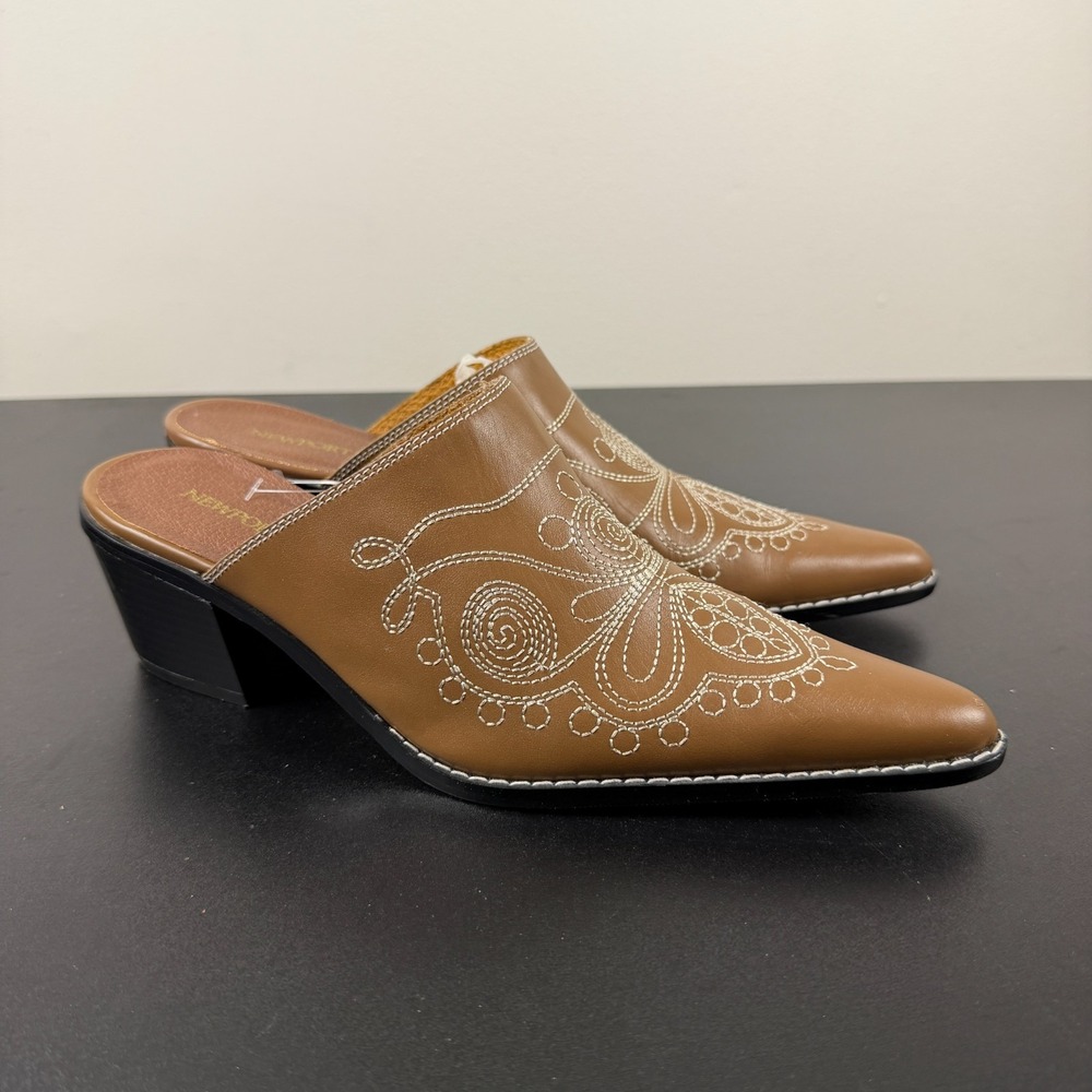 Newport News Mules Women's 8 Brown Leather Embroidered Western Pointed Toe Dress
